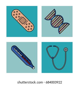 white background with frames of health control with band aid and dna chain, thermometer and stethoscope