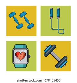 white background with frames of healthy lifestyle with dumbbells and jumping rope and clock pulse monitoring