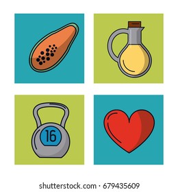 white background with frames of healthy lifestyle with papaya fruit and healthy heart and kettlebell weight and vegetable oil jar