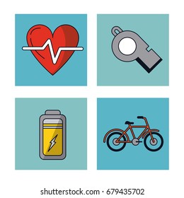 white background with frames of healthy lifestyle with heart pulse and battery and bicycle and whistle