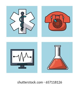 white background with frames with medical symbol and emergency phone and pulse monitor and test tube