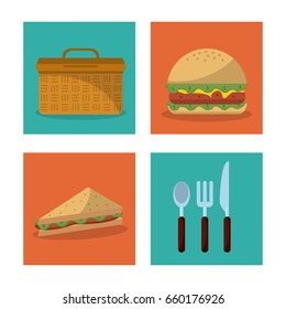 white background with frames of picnic elements with picnic basket burger and sandwich and cutlery set