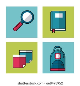 white background with frames of school elements magnifying glass and book and sheets and backpack