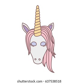 white background with front face of female unicorn with closed eyes and pink mane vector illustration