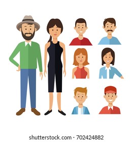 white background with full body casual clothing couple and half body icons group people of the world diversity