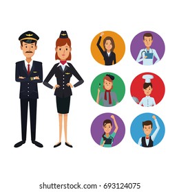 white background with full body couple pilot and stewardess with set circular frame icons group people of different professions