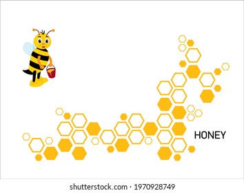 White background with geometric hexagons and cute bee for banner. Symbolizing the honeycomb.  background honey hexagon with white space for text. vector illustration.