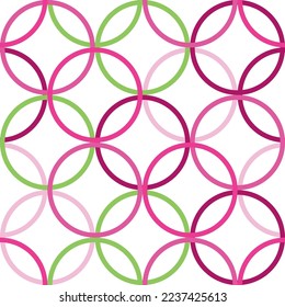 white background geometry circle color seamless fabric sample.  Print with circles in pink,orange,green,blue on white isolated background hand painted.