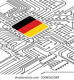 White background with German flag microchip and perspective electric circuit board silhouette. Electronic technology boardwith cpu made in Germany