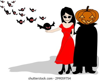 White Background with ghost woman, pumpkins  (Jack O Lantern)  and bat