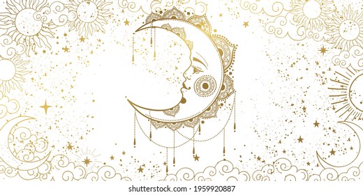 White Background With A Gold Crescent Moon With A Face. A Template For Astrology, Tarot, A Banner For A Witch. Divine Boho Design, Hand Drawn Vector Illustration, Vintage Style.