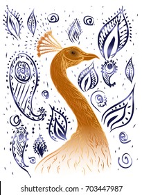 White background with gold head of peacock and paisley. Vintage backdrop. Vector isolated illustration. Design print for t-shirt. Coloring book pages. Hand drawn wild animal Paradise bird Wild foliage