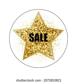 White background with gold star, gold glitters, poster design for advertising sale