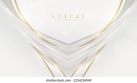 White background with golden curve line element and fluid with light effects decorations and bokeh. Realistic luxury modern design concept. Vector illustration.