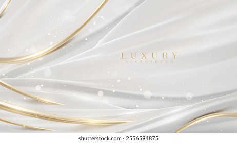 White background with a golden curve line and fluid glowing effects, including bokeh. Luxury modern design concept ideal for Christmas themes and snow scene templates.