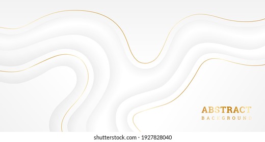 Fondo blanco con líneas curvadas doradas. Lugar lujoso y enlosado con formas onduladas. Estilo de papel de ilustración vectorial. Muro blanco 3D. Banner horizontal con líneas de flujo. Volante de diseño moderno, papel pintado, afiche.