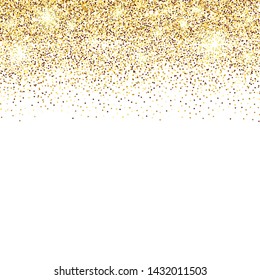 White background with golden glitter sparkles or confetti and space for text.