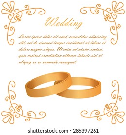 White background with golden rings for wedding events. Vector illustration
