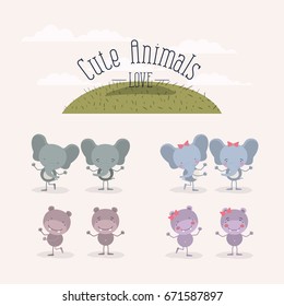white background with grass and set cute animals love female and male hippos and elephants vector illustration