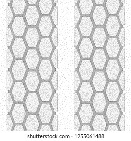 White background with gray dotted tire track silhouette