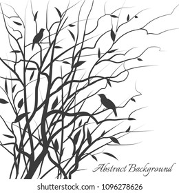 White background with a gray silhouette of a bush and branches with birds. Vector illustration.