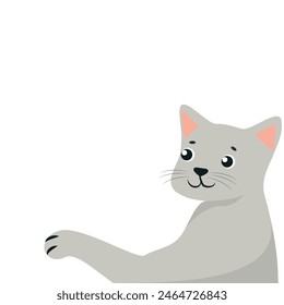 White background with gray vector cat in flat style. The cat stretched its paw on a white background. Animals, cards and backgrounds with animals