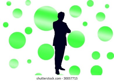 a white background with green bubbles and a man black silhouette