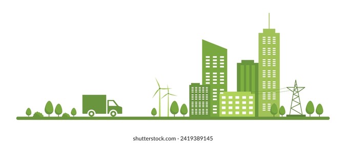 White background with green cityscape. A car driving on the road to the city. Panorama of buildings architecture. City life Vector illustration in flat style. Banner with background of ecological city