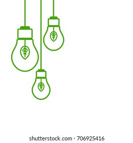 White background with green electric light bulbs with green leaves on the left side. Flat icon. Ecology Idea sign. Eco thinking concept. Vector illustration.