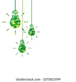 White background with green faceted light bulbs on the left side. Flat icon.  Idea sign. Creative thinking concept. Vector illustration.