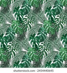 White background with green leaves.Vector seamless pattern with palm green leaves on a white background.