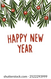 A white background with a green tree with red berries and a red and white Happy New Year sign