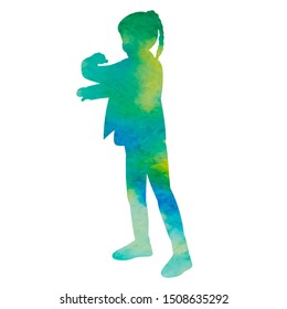 white background, green watercolor silhouette of a child, girl dancing