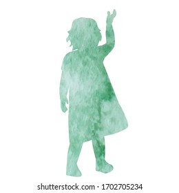 white background, green watercolor silhouette child little girl