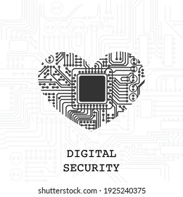 White background with grey circuit board and heart silhouette