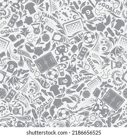 White background with grey soccer icons pattern. Seamless wallpaper for football designs with different simple flat symbols