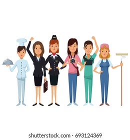 white background with group female people of different professions