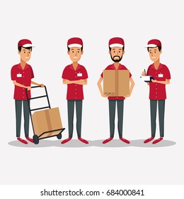 white background with group men worker with hand truck packages and orders