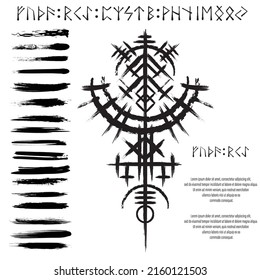 Weißer Hintergrund mit Grunge und abstraktem, schwarz gebürstetem Symbol. Alte norse, die mythologische Tapete mit rundem Symbol besucht. Muster-Design von Tattoo