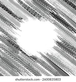 White background with grunge gray tire tracks and black circle