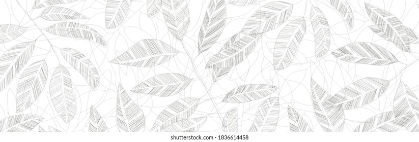 fondo blanco con hojas dibujadas a mano en blanco y negro