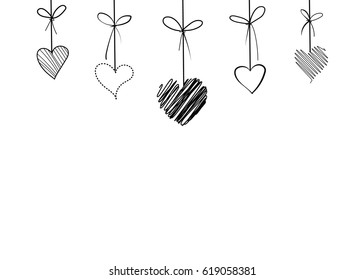 white background with hand drawn hanging hearts