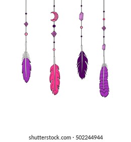 White background with hand drawn indian boho feathers and decor. Can be used for t-shirt design, prints, cards, invitations, coloring books.