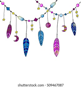 White background with hand drawn indian boho feathers and decor. Can be used for t-shirt design, prints, cards, invitations, coloring books.