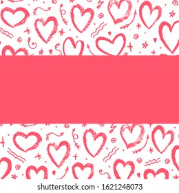 White background with hand drawn red hearts, arrows. Place for text. Vector illustration. For decoration Valentine's day. For greeting card, banners, web, decoration of the storefront, printing.