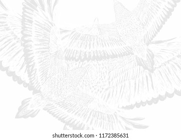 White background with hand drawn texture. Animal print. Flying bird on the white backdrop. Vector illustration.Feathers pattern.Abstract background for invitation card,buisness card.Boho chic.