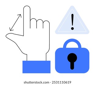 Weißer Hintergrund mit einer Handbewegung, einem Warndreieck mit Ausrufezeichen und einem Vorhängeschloss. Ideal für Benutzeroberflächen-Design, Sicherheits-Apps, Warnmeldungen, biometrische Daten
