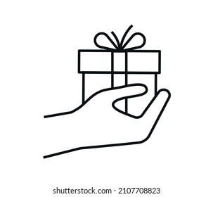 White background Hand giving a gift box.

