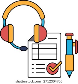 Ein weißer Hintergrund mit einem Headset, einem Stift und einem Stück Papier. Das Papier ist mit einem Häkchen versehen