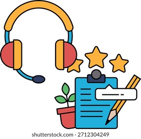 Ein weißer Hintergrund mit einem Headset und einem Stern darauf. Das Headset befindet sich auf der linken Seite des Bildes und der Stern auf der rechten Seite